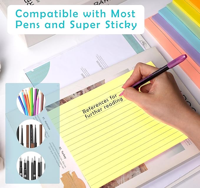 Lined Lined Self Stick 6 x 8 in Post,8 Pack Large Ruled Post Stickies,Ruled Stickies Super Sticking Power Memo Pads Strong Adhesive,Sticky Notes with Lines for Home,Office,School,50 Sheets/pad