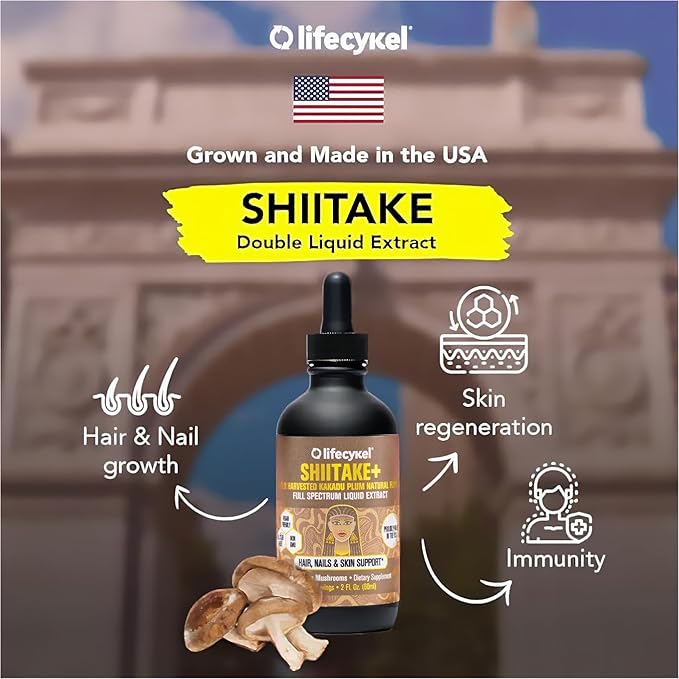 Lifecykel - Shiitake Mushroom Extract with Kakadu Plum- Hair, Skin & Nail Support, Anti Aging Supplement- 100% Organic Mushrooms, Immune Boosting, Vitamin C Made in The US- 2 Fl oz(Packaging May Vary)
