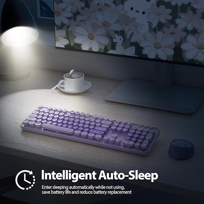 Fogruaden Purple Retro Typewriter Keyboard and Mouse Wireless, 2.4GHz Office Full-Sized Colorful Computer Keyboard with Number Pad and Cute Mouse for Windows PC Desktops Laptop