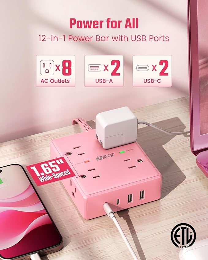 Pink Extension Cord 10Ft, Flat Plug Surge Protector Power Strip, 8 Outlets & 4 USB Ports (2 USB C), Cute Stuff Pink Room Decor, Home Office Kawaii Desk Accessories for Girls