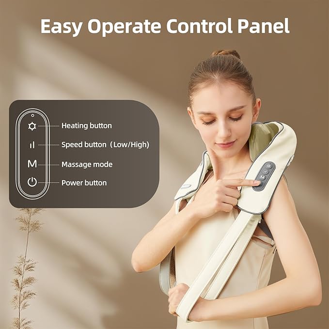 Cordless Neck Massager with Heat, Electric Neck Shoulder Massager with Heat, Kneading, 6-Point for Deep Tissue Pain Relief, Rechargeable Battery, Brushless Motor