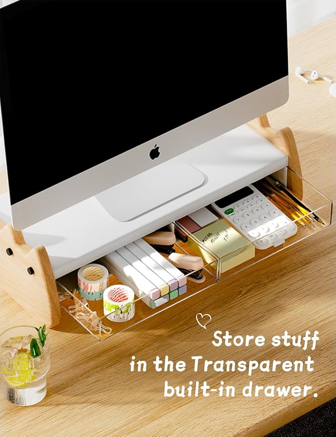 Monitor Stand Riser,Wooden & MDF Computer Desktop Stand with Acrylic Drawer,Laptop Stand Riser Holder ,Table Holder Desk Organizer Storage Stand for Laptop,Printer,TV,15.7 inch,Cute Cat