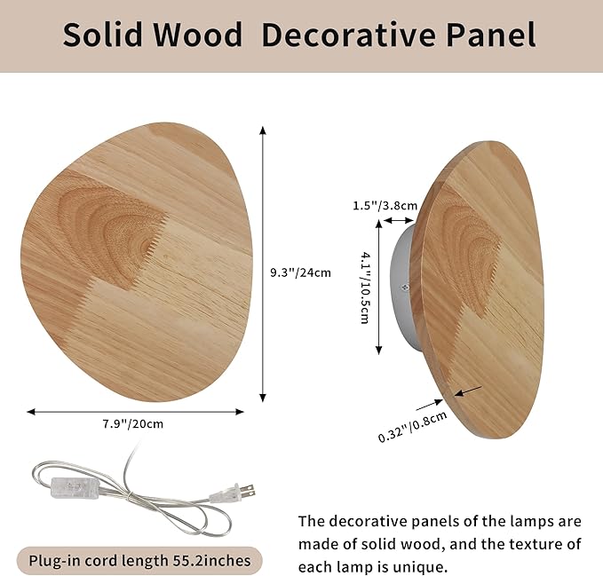 Modern Minimalist Plug in Wall Sconces, 9.4'' Plug-in Or Cordless Wood Backlight LED Wall Lamp, 12W, 1100LM Warm White Brightness Wall Light Fixtures for Bedroom, Living Room Wall Décor