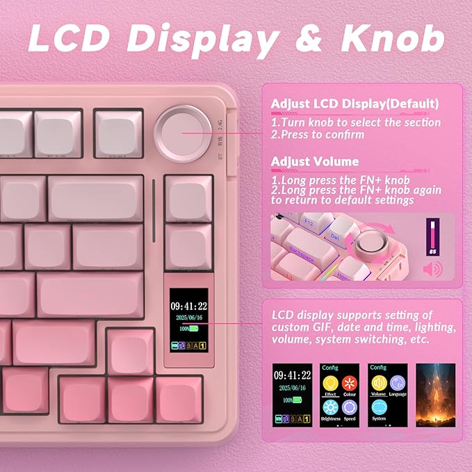 AULA S75 PRO Wireless Mechanical Keyboard with Screen&Knob, Tri-Mode Hot Swappable Gaming Keyboard 75%, Pre-lubed Switches, RGB Backlit, Side Printed PBT Keycaps, Creamy Sounding Pink Keyboards