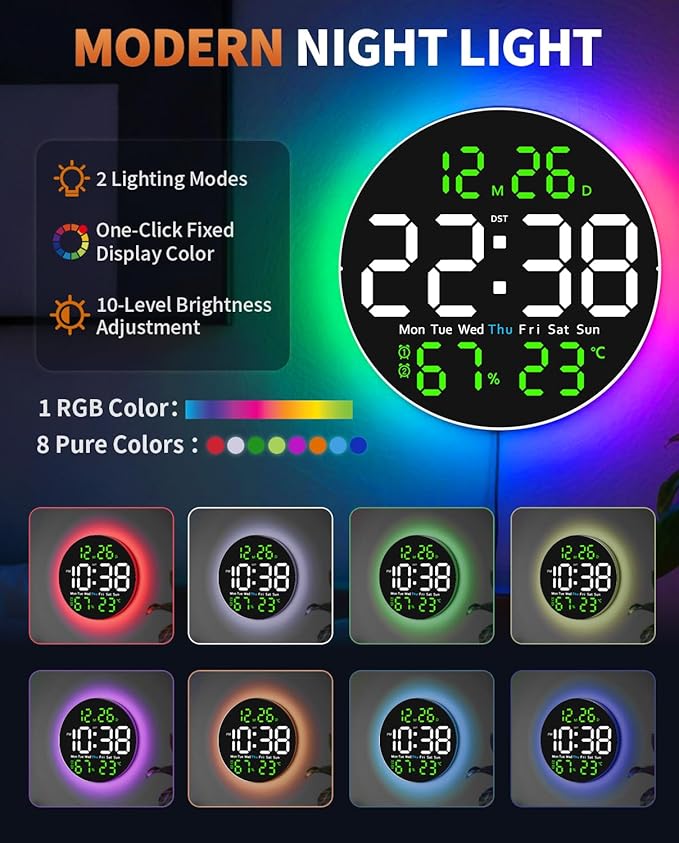 10 Inch Large Digital Wall Clock with 9 Color Changing Remote Control, Date Week Temperature, Auto Brightness Dimmer Big Clock with Night Lights,Green