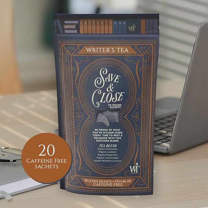 Writer's Tea Save & Close - Nighttime Tea - Chamomile, Lavender, Peppermint, Licorice Root, and Blackberry Leaves Tea Blend - Caffeine Free - 20 Woven Sachets