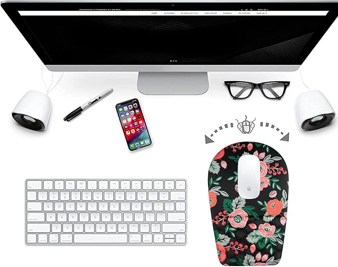 Ergonomic Mouse Pad Wrist Support,Upgrade Mousepad with Massage Design,Non-Slip PU Base Desktop Mouse Pads for Pain Relief, Computer, Office & Home,12 x 8 in（F-Flower Black）