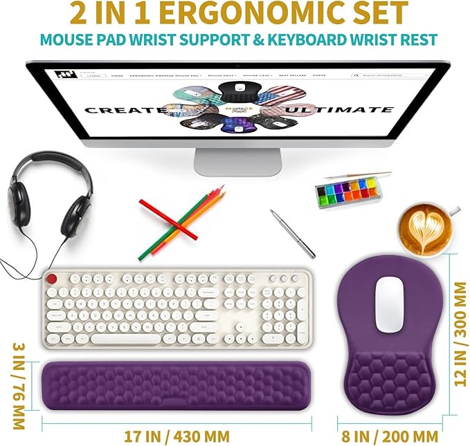 Hokafenle 2 in 1 Ergonomic Mouse Pad Wrist Support & Wrist Rest for Computer Keyboard Set, with Relieve Carpal Tunnel Pain Massage Bulge and Full Memory Gel Design (2In1 Set, Dark Purple)