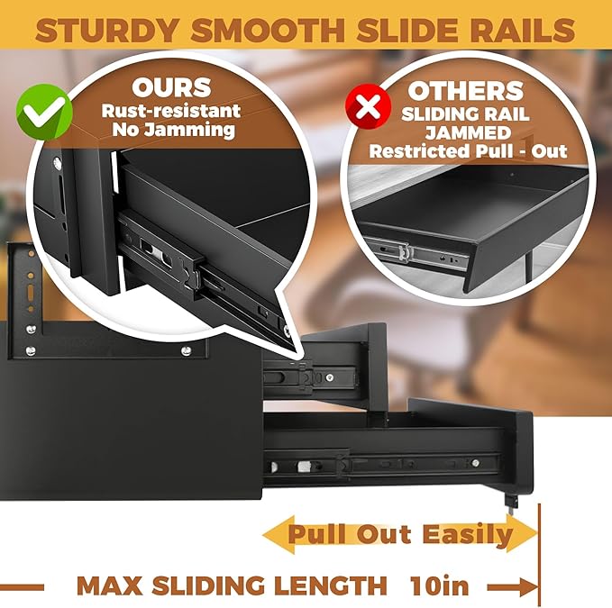 14 In Double Under Desk Drawer,Under Desk Pull Out Drawer with Lock and Keys,Adjustable Height, Metal Storage Drawer with Slide Extension Mounted Under Flat Wooden Table or Workbench, Black