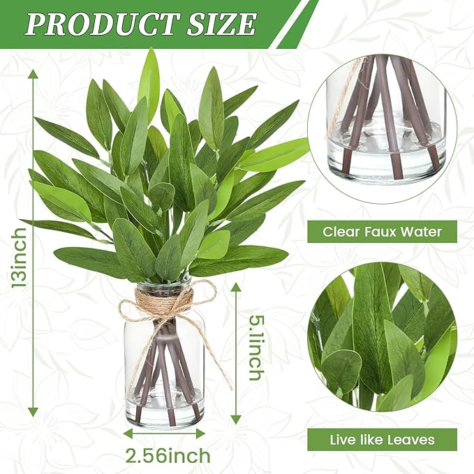 13" Fake Eucalyptus Stems in Vase with Faux Water,Artificial Plants Leaves for Shelf Desk Bathroom Farmhouse Room Coffee Table Home Decor (Eucalyptus-Pointed Leaf)
