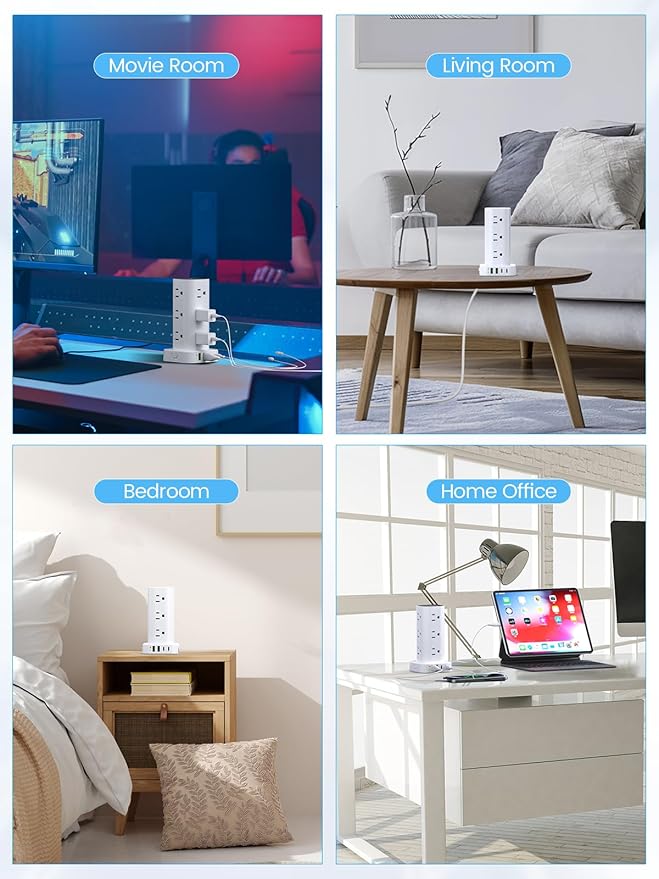 Tower Power Strip with 15W Wireless Charger, 6FT Flat Plug Extension Cord with Multiple Outlets, 12 AC Outlets, 4 USB Ports (2 USB C) Charging Station Surge Protector for Office Home Dorm Room (White)