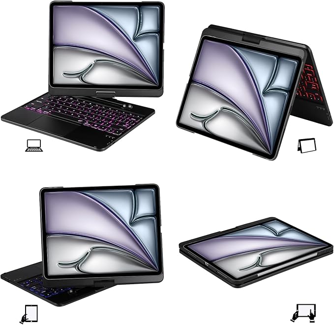 Keyboard Case for iPad Air 13 inch M3 2025&M2 2024, 360 Rotatable Wireless Folio 180 Swivel Stand Hard Cover Auto Sleep/Wake up Black