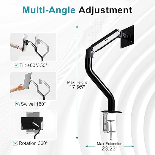 Lyngins Single Monitor Mount, Adjustable Monitor Arm Desk Stand for 15 to 32 inch Screens, VESA Mount with 75x75/100x100 mm, Computer Monitors Gas Arm Holds Up to 19.84 lbs - Black