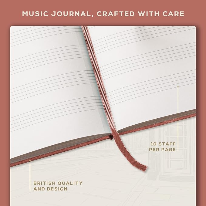 BEECHMORE BOOKS Blank Sheet Music Notebook – A4 8.5x11.5 for Songwriters, Musicians & Composers, 156 Thick 120gsm Pages, 10-Staff Perforated Sheets, Vegan Leather Hardcover, Elastic Closure, Gift Box