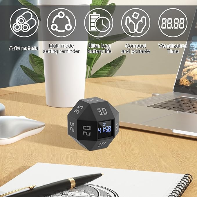Flip Gravity Timer - 12-Side Time Management Cube with Preset Intervals, Silent Productivity Tool for Office, Study & Gym, Portable Focus Timer (Black)