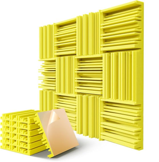12 Pack Acoustic Foam Panels for Walls, 12" x 12" x 2" Soundproof Wall Panels, Self-Adhesive Soundproofing Padding, High Resilience Sound Absorbing Panels for Home Studios, Offices - Yellow