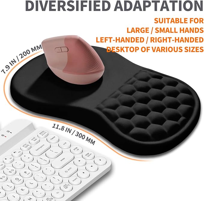 Ergonomic Joint Wrist Support Mouse Pad with Memory Foam Cushion Massage Bump, Carpal Tunnel Pain Relief Mousepad Slope Design for Wrist Rest, 11.8x7.9 in, Black