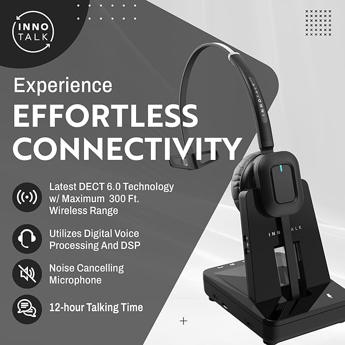 INNOTALK - Desk Phone Wireless Headset with RJ9 Adapter, 12-Hour Talk Time Handsfree Phone Headset, Office Phone Headset for Desk Phone, 300 Ft. Long Range Wireless Headset, W780