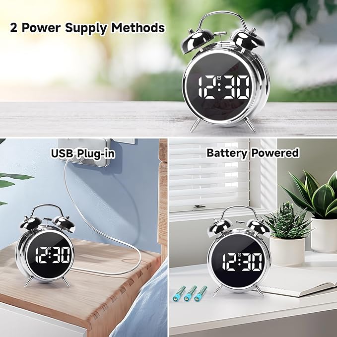 Digital Small Alarm Clock, 4.5 Inch Double Bell Electronic LED Alarm Clock, Plug in or Battery Operated Silent Metal Table Clock, Bedside Loud Bell Clock for Heavy Sleepers Adults Kids (Silvery)
