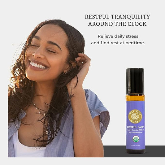 Silk Road Organic Restful Ease Essential Oil Sleep & Stress Blend Roll On - 100% Pure USDA Certified with Indian Sandalwood - Stress Ease Aromatherapy & Calming Relaxation - 10 ml Roller