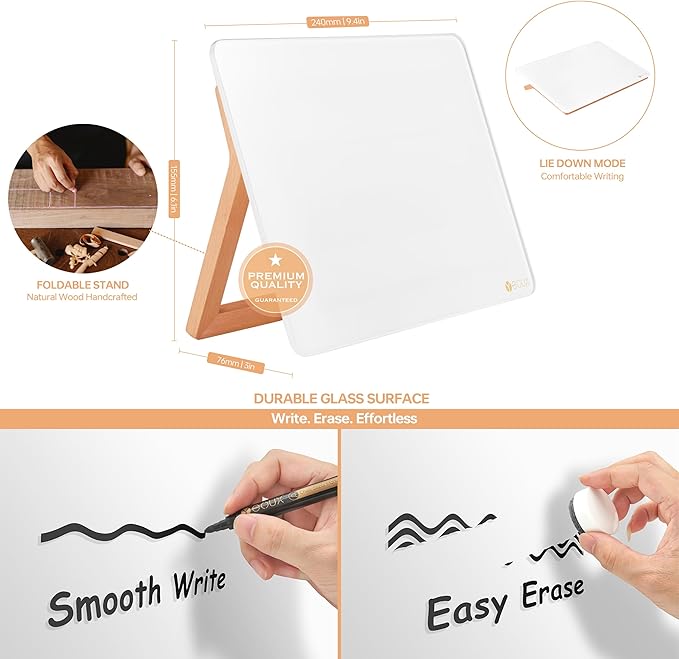 YEOUX Glass Desk Whiteboard with Reversible Wood Stand, Desktop Small White Board, Reusable Mini Dry Erase Board 6.7"x9.5" for Office, Home, School, Marker&Eraser Included