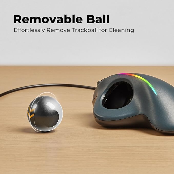 Wired Trackball Mouse with RGB Lighting, Ergonomic Thumb Control to Reduce Muscle Strain, 5 Adjustable DPI, Dual USB-C & USB-A Connectivity, Compatible with PC, Laptop, Mac, Windows-Black