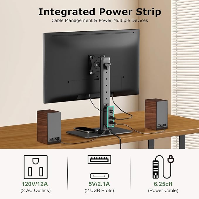 Single Monitor Mount with Power Outlet, Freestanding Monitor Stand for 13 inch to 32 inch Flat Curved Screen with Metal Base, 6 Heights Adjustable,Swivel, Tilt, Rotation, Max VESA 100x100mm