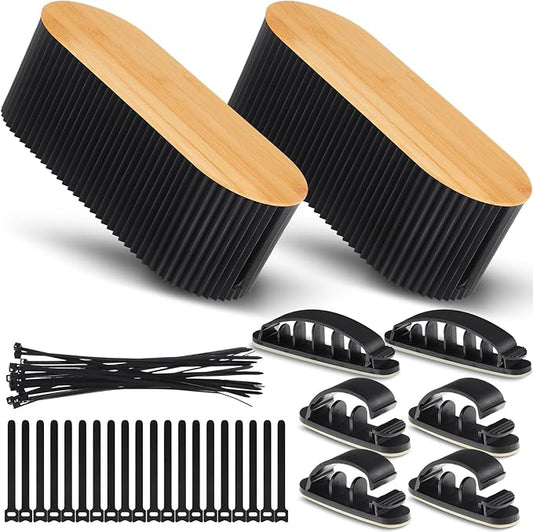 Marsui 2 Pcs Cable Management Box Cord Hider Box Cord Organizer with 46 Pcs Cable Management Kit Wire Box for Power Strips Surge Protectors Desk TV Computer Wires Home Office（Black）