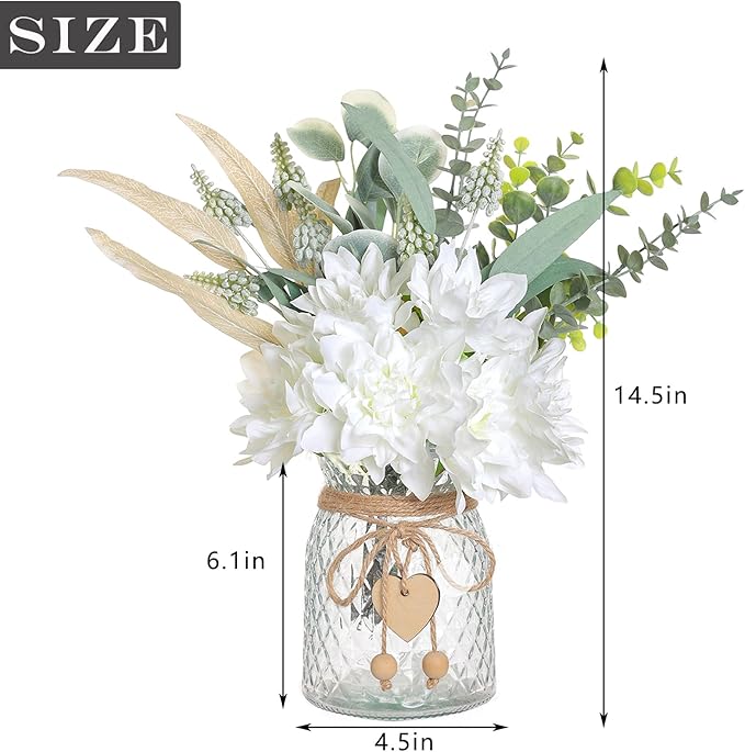 Faux Flowers with Vase,Artificial Silk Flowers in Vase, Fake Plant Eucalyptus and Willow,Flower Arrangement for Home Farmhouse kitchen Dining Table Centerpiece Decorations Coffee Table Decor (White)