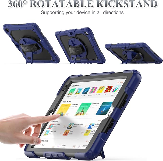 SEYMAC stock Case for iPad 9th/ 8th/ 7th Generation 10.2'', Shockproof with Screen Protector, Pencil Holder [360° Rotating Hand Strap] & Stand, for iPad 10.2 inch 2021-2019 (Navy Blue)