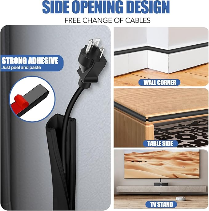 Floor Cable Cover, Low Profile Cable Hider for Wires, Self Adhesive Cord Hider for Wall, Cord Covers Wall Mounted Tv, for Offices, Gym, Exhibitions(Black, 20 Feet)