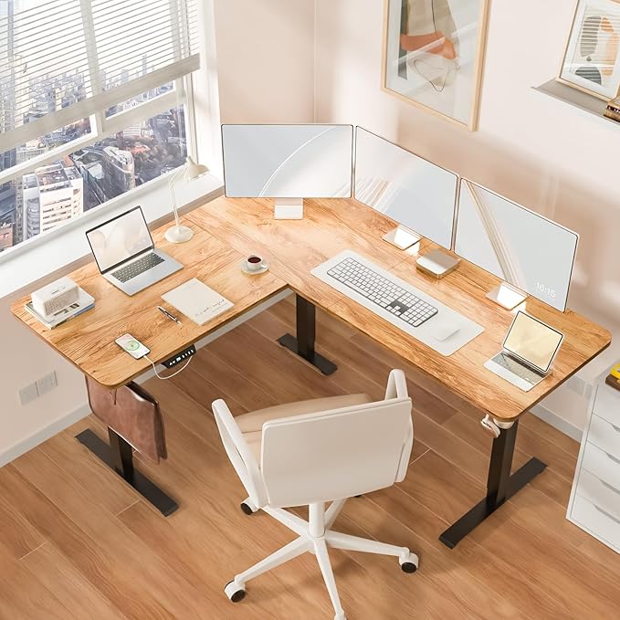 63 x 55 inch L Shaped Standing Desk, Corner Computer Desk, Electric Adjustable Height Stand Up Table, L Sit Stand Desk for Home Office Gaming, Light Brown