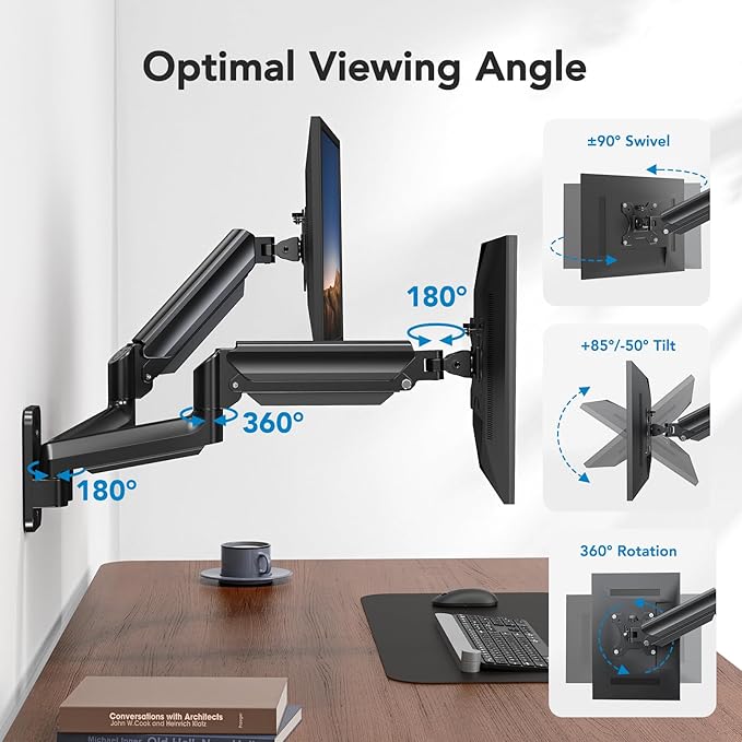HUANUO Dual Monitor Wall Mount for 17-32 Inch Screens - Height-Adjustable Gas Spring Arms (Per Arm 4.4-17.6lbs) - VESA 75x75/100x100 - Tilt, Swivel, Rotation - Home Office & Workspace Desk Setup