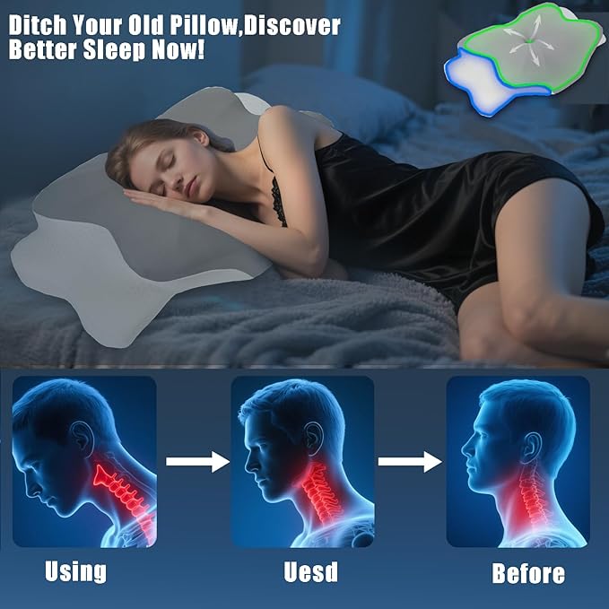 Memory Foam Pillows Cooling Cervical Pillow for Neck and Shoulder Pain Relief Ergonomic Contour Bed Pillow for Side Sleep Stomach Sleeping and Back Sleeper (Light Grey, Queen-23.2''Lx15.1''Wx4.7''H)