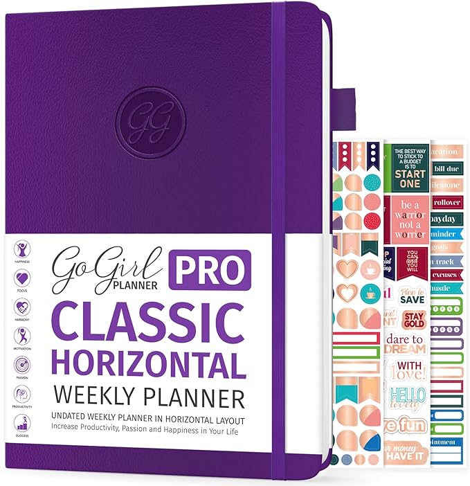 GoGirl Planner PRO - Undated Horizontal Layout Weekly Planner and Organizer + Budgeting and Expense Tracking Pages, Goals Journal & Agenda, 7" x 10" Hardcover, Lasts 1 Year - Purple