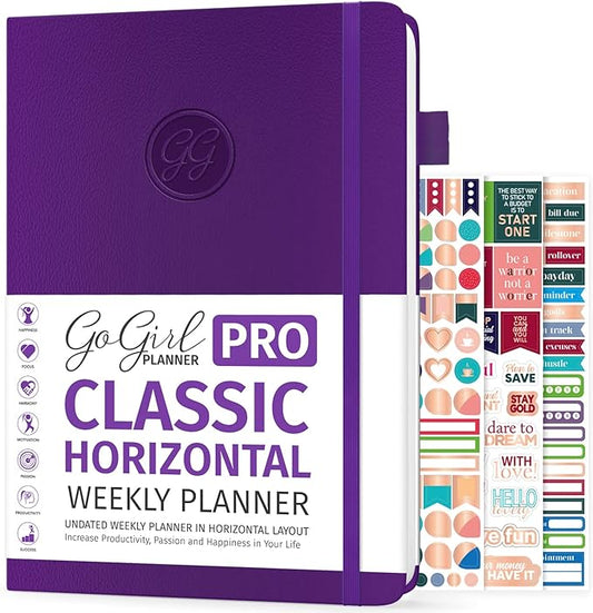 GoGirl Planner PRO - Undated Horizontal Layout Weekly Planner and Organizer + Budgeting and Expense Tracking Pages, Goals Journal & Agenda, 7" x 10" Hardcover, Lasts 1 Year - Purple