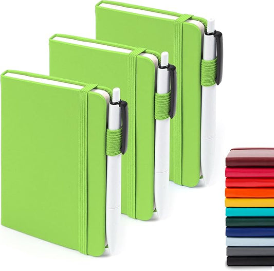 feela 3 Pack Pocket Small Notebook Journals, Mini Cute Memo Notepad Hardcover College Ruled Lined Journals with Pen Holder for Women Girls Office School, with 3 Black Pens, 3.5”x 5.5”, A6, Green