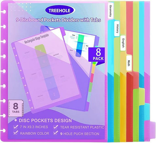 9 -Discbound Pocket Divider with 8 Tabs, 7" X9.25 Inches Tul Notbook Binder Divider Folder Dis Planner Inserts for for Document Discbound System, Office Home School（8Pcs）