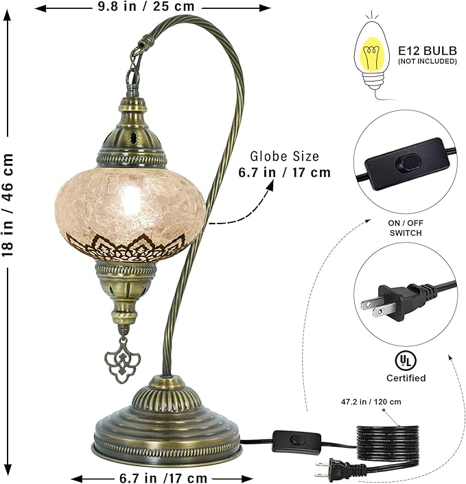 mozaist Turkish Moroccan Clear Glass Swan Neck Table Lamp, Authentic Vintage Bohemian Lamp Shade, Tiffany Style Gooseneck Office, Living Room Rustic Decor with E12 Socket & US Plug (Crack Clear)