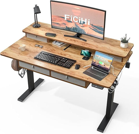 Adjustable Height Standing Desk with 4 Drawers,55 x 30 inches Electric Sit Stand Home Office Desk with Two Tiers, 3 Memory Presets, Monitor Stand Riser, USB A/C Charging Port