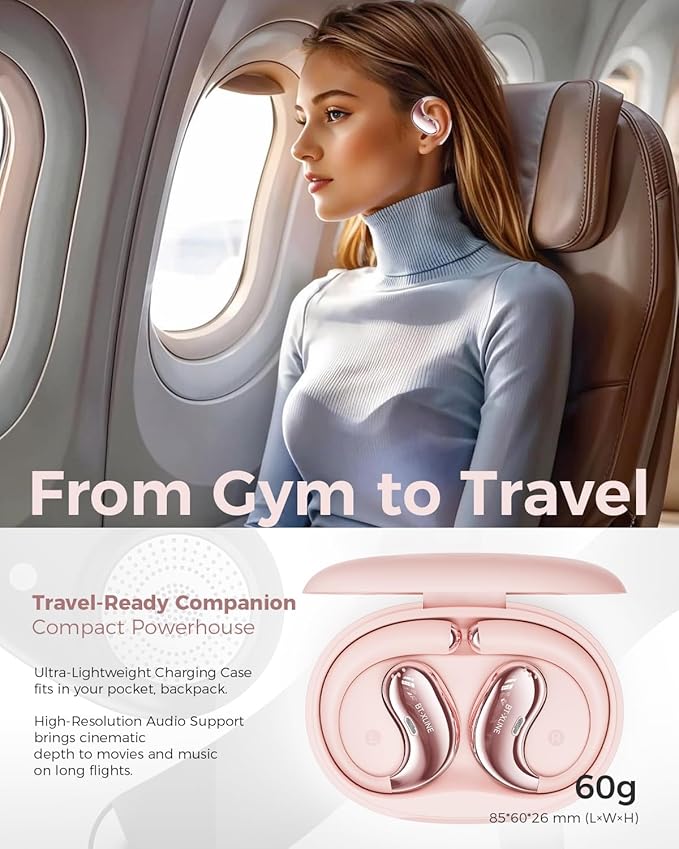 Open Ear Bluetooth Headphones, Bluetooth 6.0, Open Ear Earbuds, 36H Playtime, Flex EarHook for Sports, Running, Workouts - Comfortable Lightweight Earbuds with Touch Control (Pink)