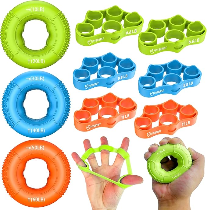 FitBeast Grip Strength Trainer, Finger Exerciser, Forearm Strengthener 9-Piece Kit, Hand Grip Strengthener Targeted Strength, Relief & Recovery