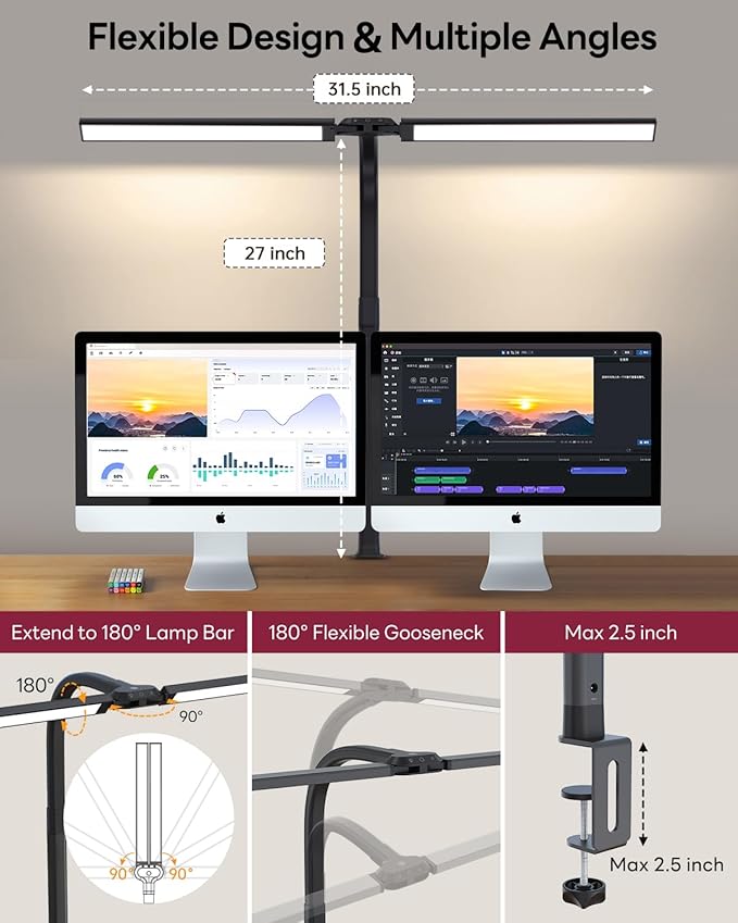 LED Desk Lamp for Home Office, Eye-Caring Desk Light with Clamp, Stepless Dimming 24W Double Head Architect Task Lamp with Remote Control, Flexible Gooseneck, for Working, Studying, Reading, Drafting