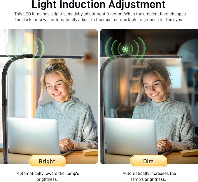 LED Desk Lamp for Home Office, Eye-Caring Desk Light with Clamp, 24W Double Head Architect Task Lamp Stepless Dimming, Flexible Gooseneck Bright Table Lamp for Study Reading Workbench Drafting