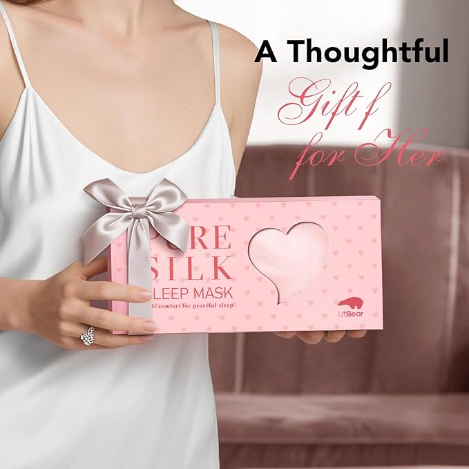 LitBear 100% Pure Silk Sleep Mask, 22 Momme 6A Mulberry Silk Fabric and Filling, Total Light Blocking Eye Mask Sleeping for Women, Men, Side Sleepers, Includes Travel Pouch and Scrunchie