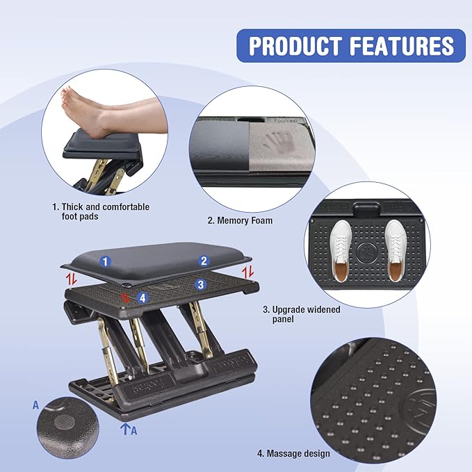 Foot Rest for Under Desk at Work 4-Level Height Adjustable, Lengthen Ergonomic Foldable Footrest for Office, Gaming,Computer, Soft & Removable Pad Desk Foot Stool for All Seasons (Gray Plus)