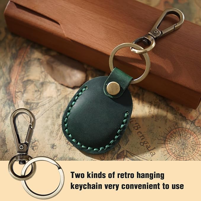 Genuine Leather Airtag Holder, Portable Air Tag Keychain with Key Rings Full Coverage Air Tags Hidden Case Cover Compatible for AirTags Green