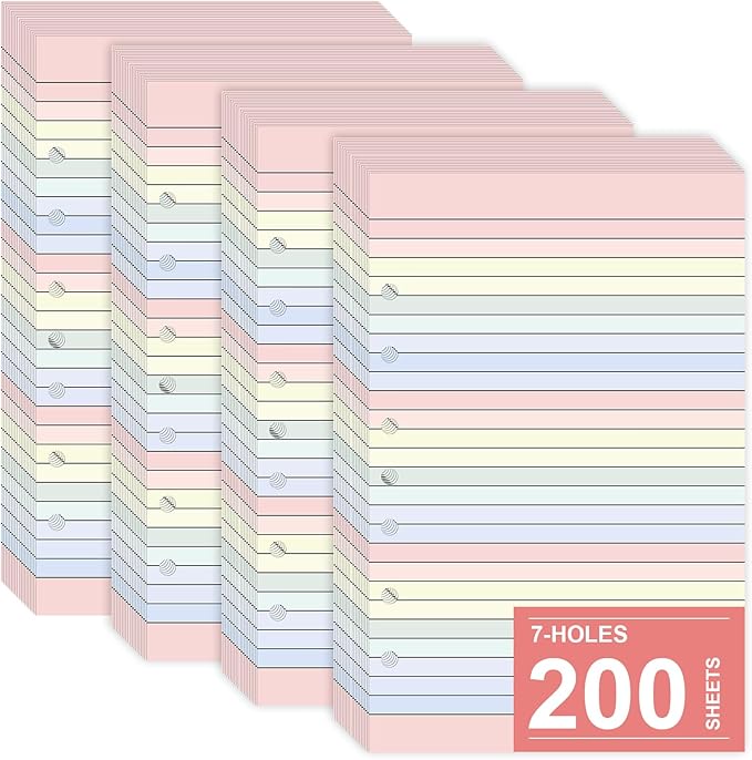 Colored Loose Leaf Papers 5.5 x 8.5 paper 7-Hole Lined Filler Paper College Ruled Notebook Refill Pad Pastel Colored Lined Refills Hole Punched Notebook Refills for 3 or 7 Ring Binders（200）