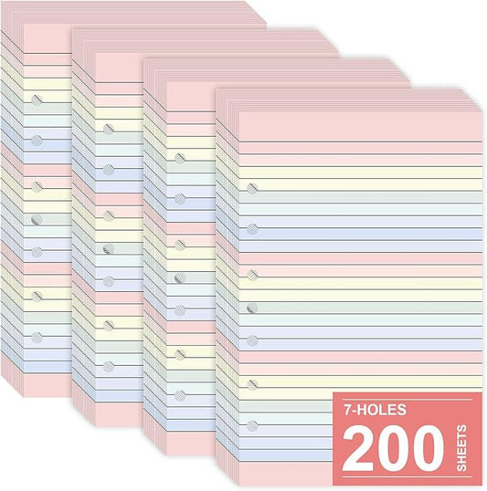 Colored Loose Leaf Papers 5.5 x 8.5 paper 7-Hole Lined Filler Paper College Ruled Notebook Refill Pad Pastel Colored Lined Refills Hole Punched Notebook Refills for 3 or 7 Ring Binders（200）
