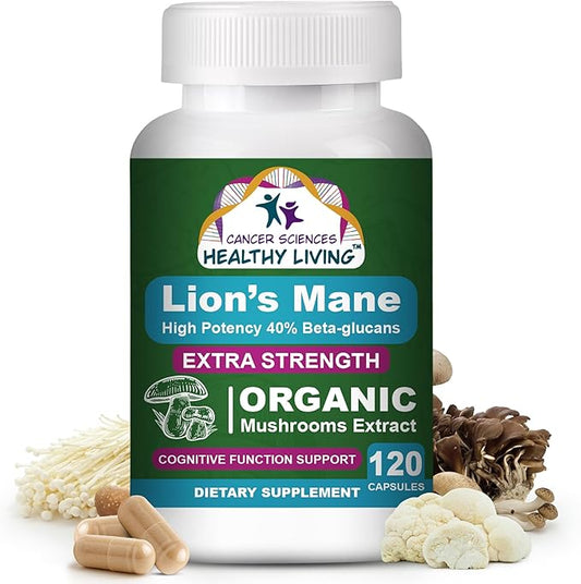 Cancer Sciences Organic Lions Mane Mushroom Supplement Capsules for Men & Women - 1,500mg Brain Supplements for Memory & Focus - High Potency 40% Beta-Glucans - Nootropic Mushroom Complex, 120 Count
